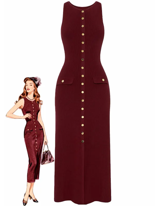 1960s Solid Sleeveless Single-Breasted Knitted Dress sold by Retro Stage