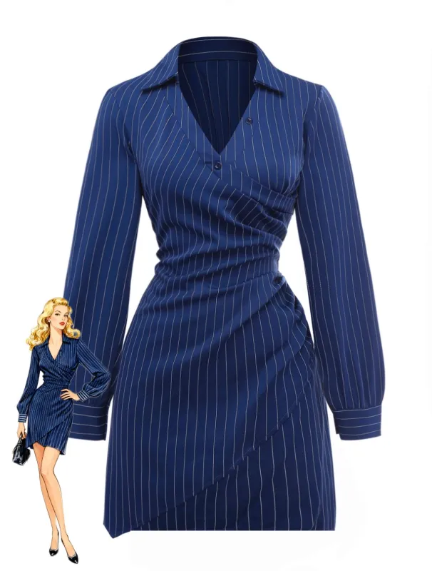 Blue 1960s V-Neck Wrap Striped Shirt Dress sold by Retro Stage