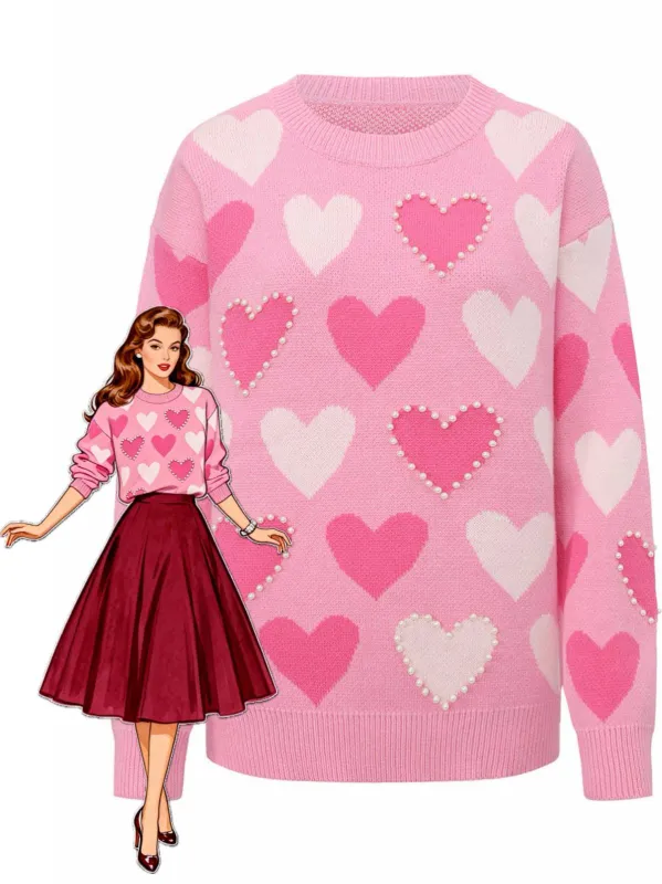 Pink 1950s Valentine's Day Heart Pearl Sweater made by Retro Stage