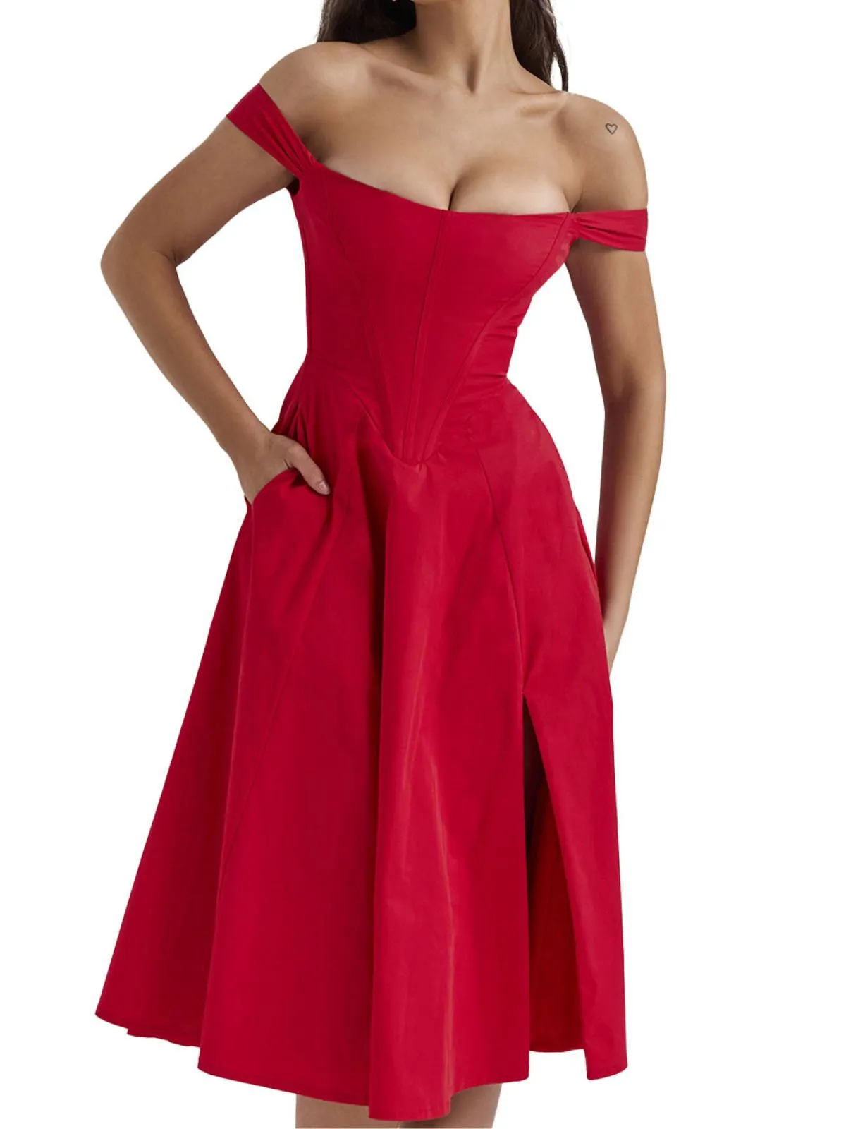 Red 1950s Solid Off-Shoulder Slit Fishbone Dress sold by Retro Stage product image thumbnail 4