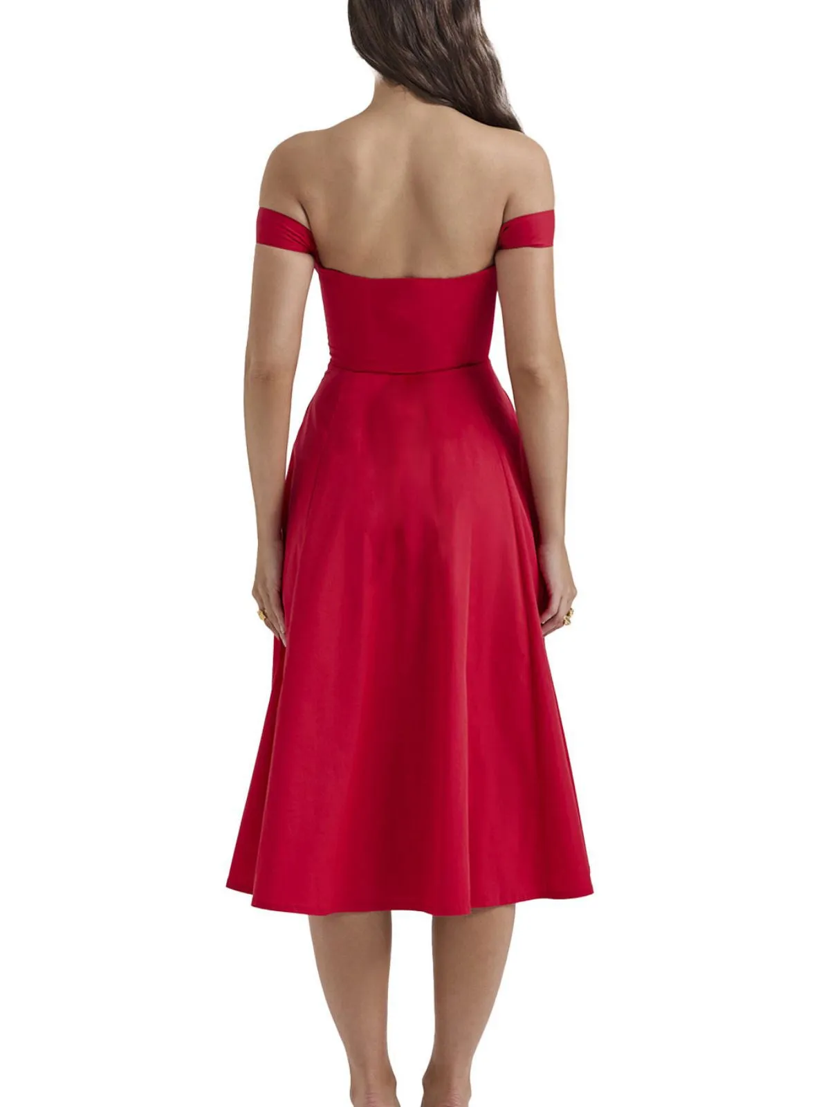 Red 1950s Solid Off-Shoulder Slit Fishbone Dress sold by Retro Stage product image thumbnail 5