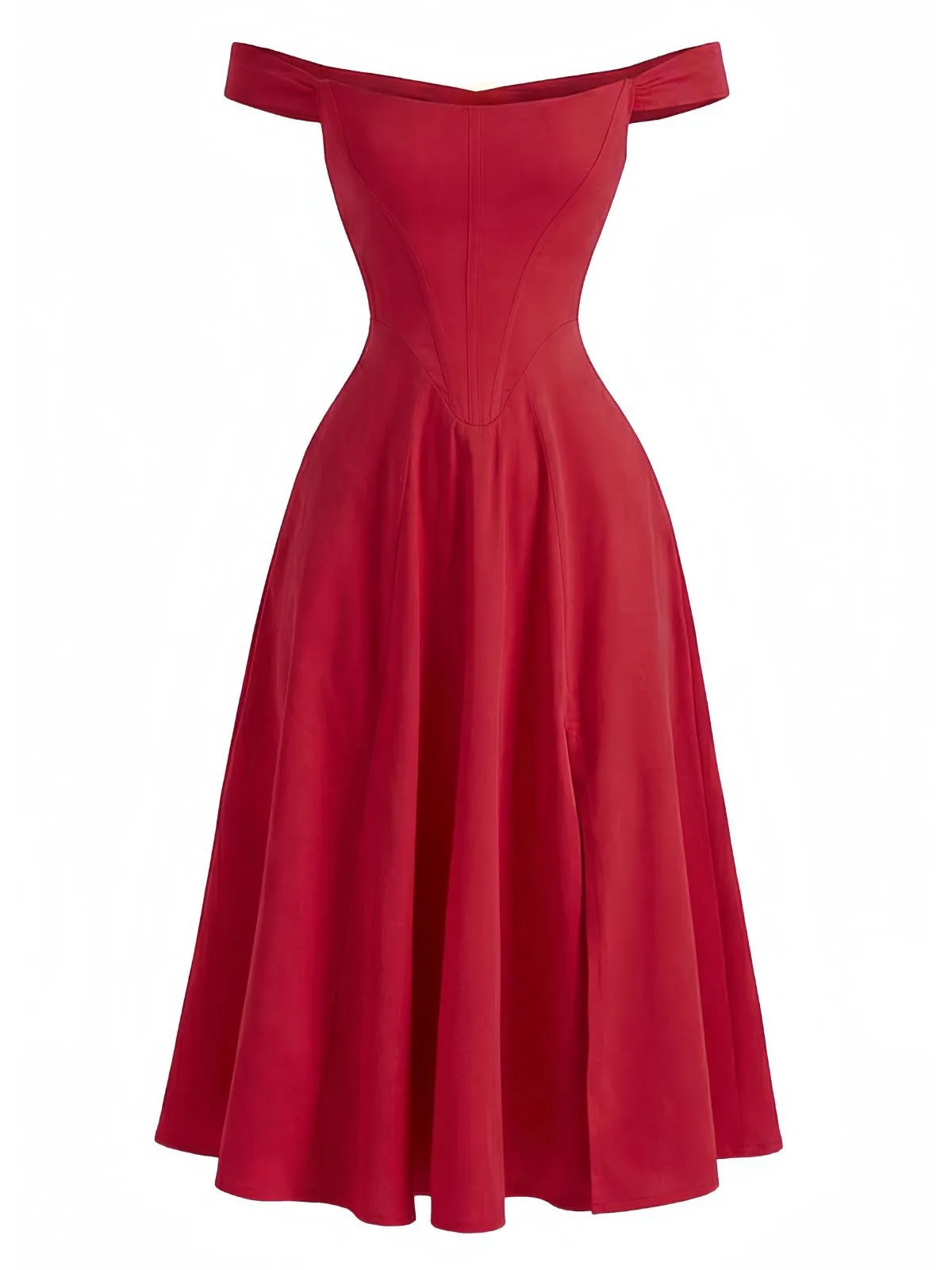 Red 1950s Solid Off-Shoulder Slit Fishbone Dress sold by Retro Stage product image thumbnail 2