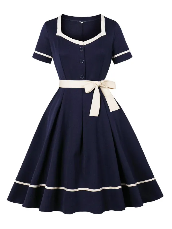 Navy Blue 1950s Nautical Square Neck Belted Dress sold by Retro Stage