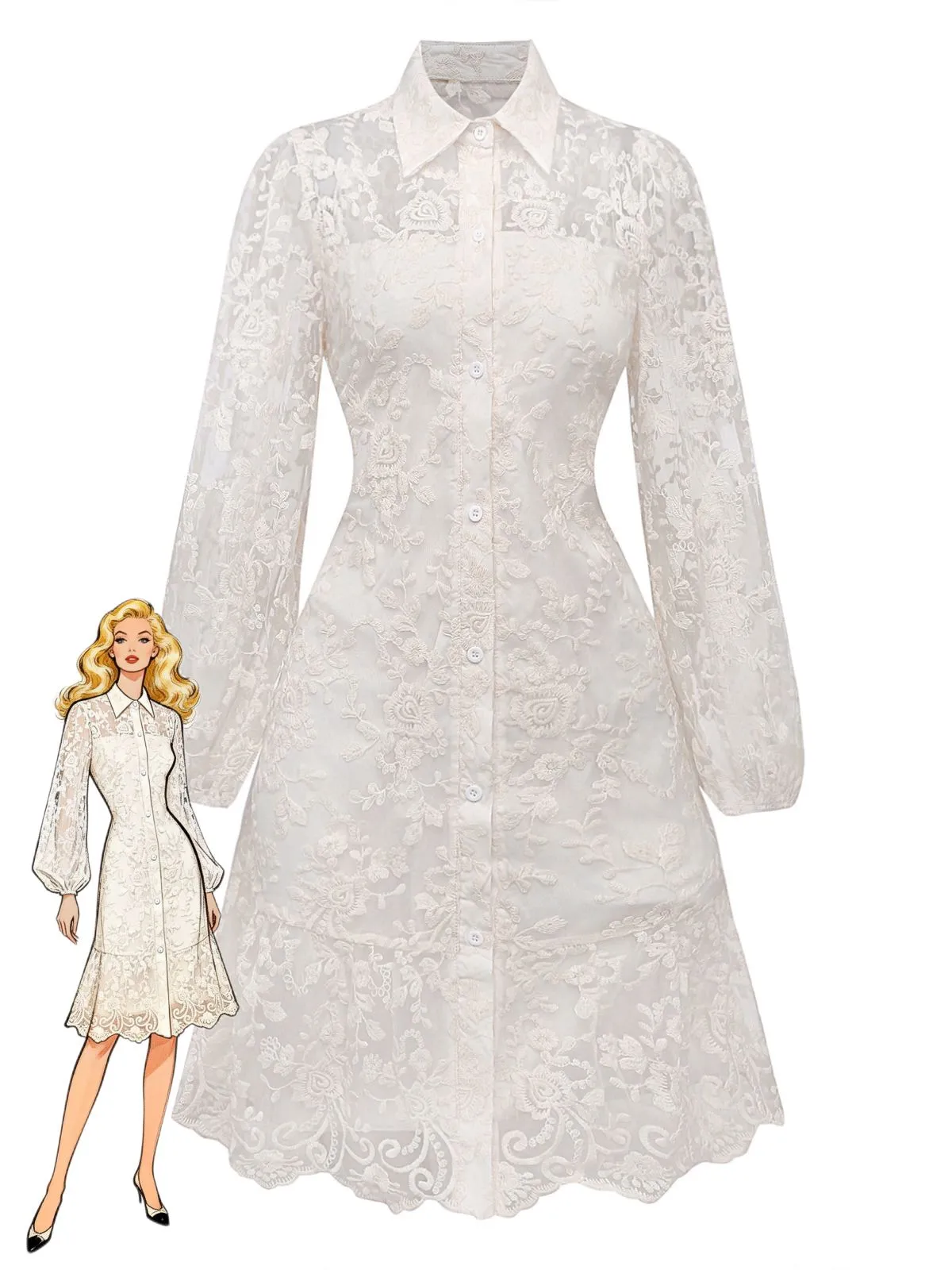 White 1960s Solid Pure Cotton Lace Dress sold by Retro Stage