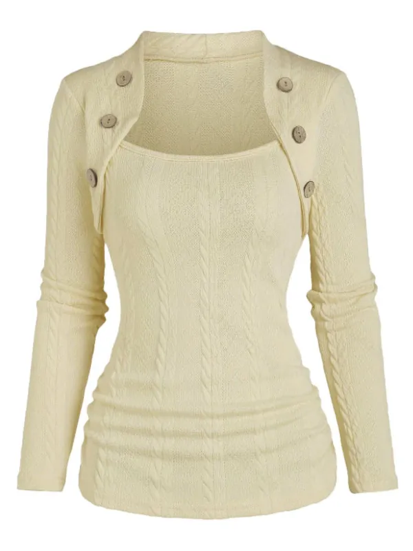 Beige 1960s Solid Faux Button Knitted Sweater made by Retro Stage