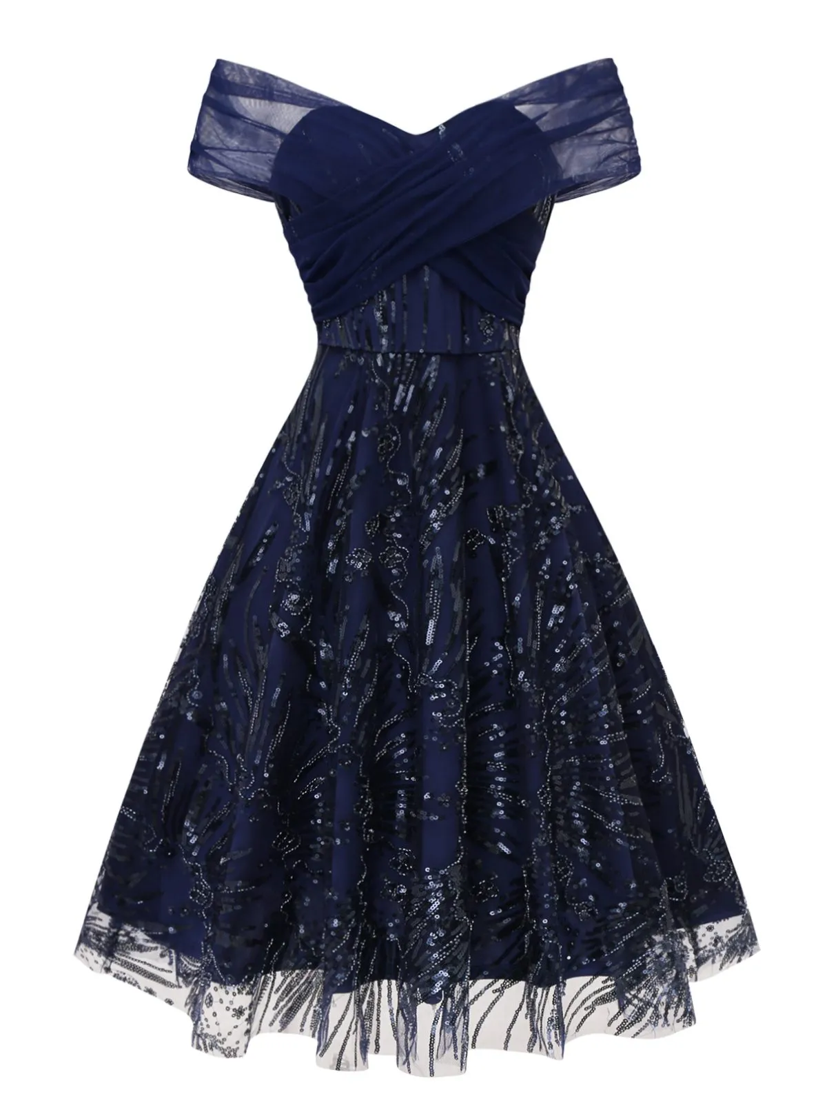 Blue 1950s Off-Shoulder Embroidered Sequin Floral Dress sold by Retro Stage product image thumbnail 3