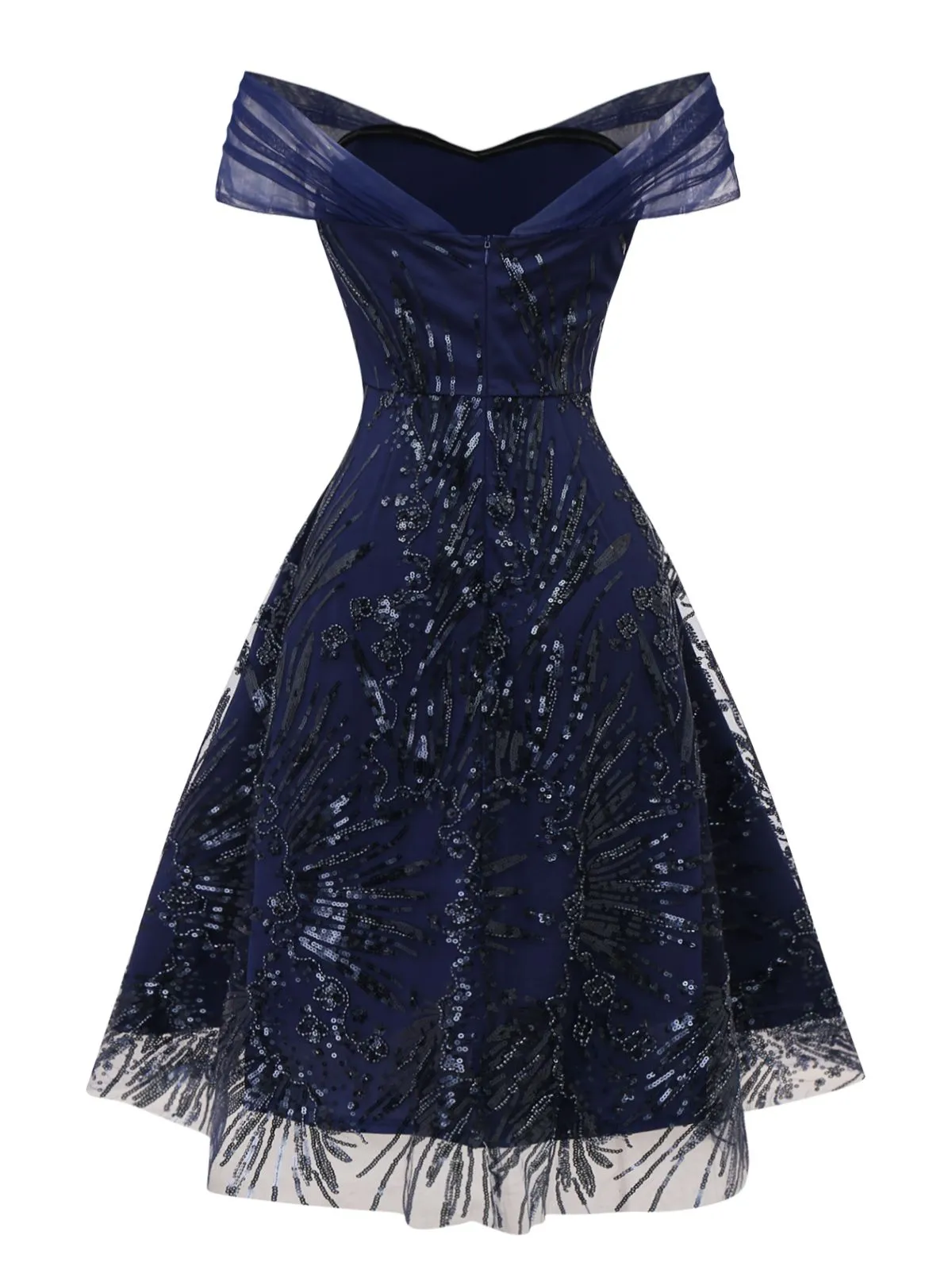 Blue 1950s Off-Shoulder Embroidered Sequin Floral Dress sold by Retro Stage product image thumbnail 5