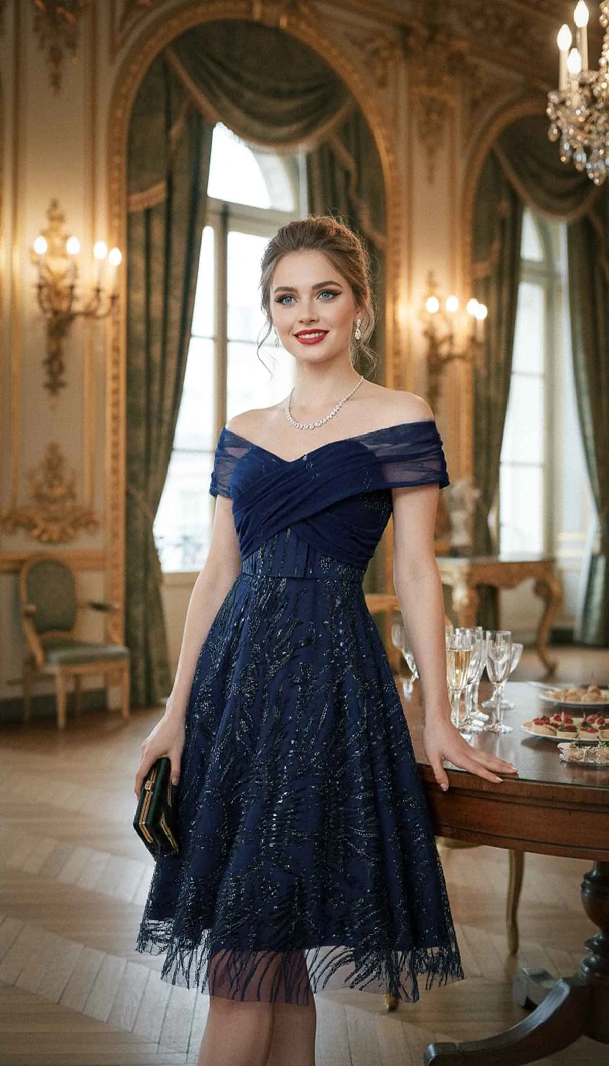 Blue 1950s Off-Shoulder Embroidered Sequin Floral Dress sold by Retro Stage product image thumbnail 2