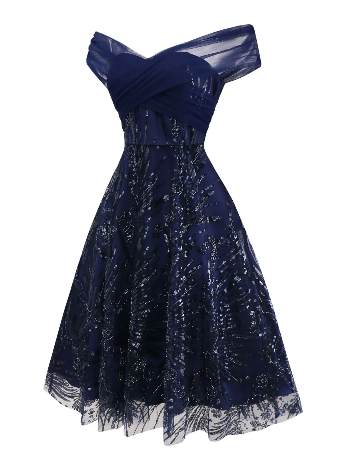 Blue 1950s Off-Shoulder Embroidered Sequin Floral Dress sold by Retro Stage product image thumbnail 4