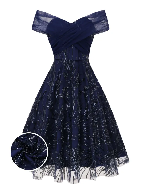 [Pre-Sale] Blue 1950s Off-Shoulder Embroidered Sequin Floral Dress sold by Retro Stage