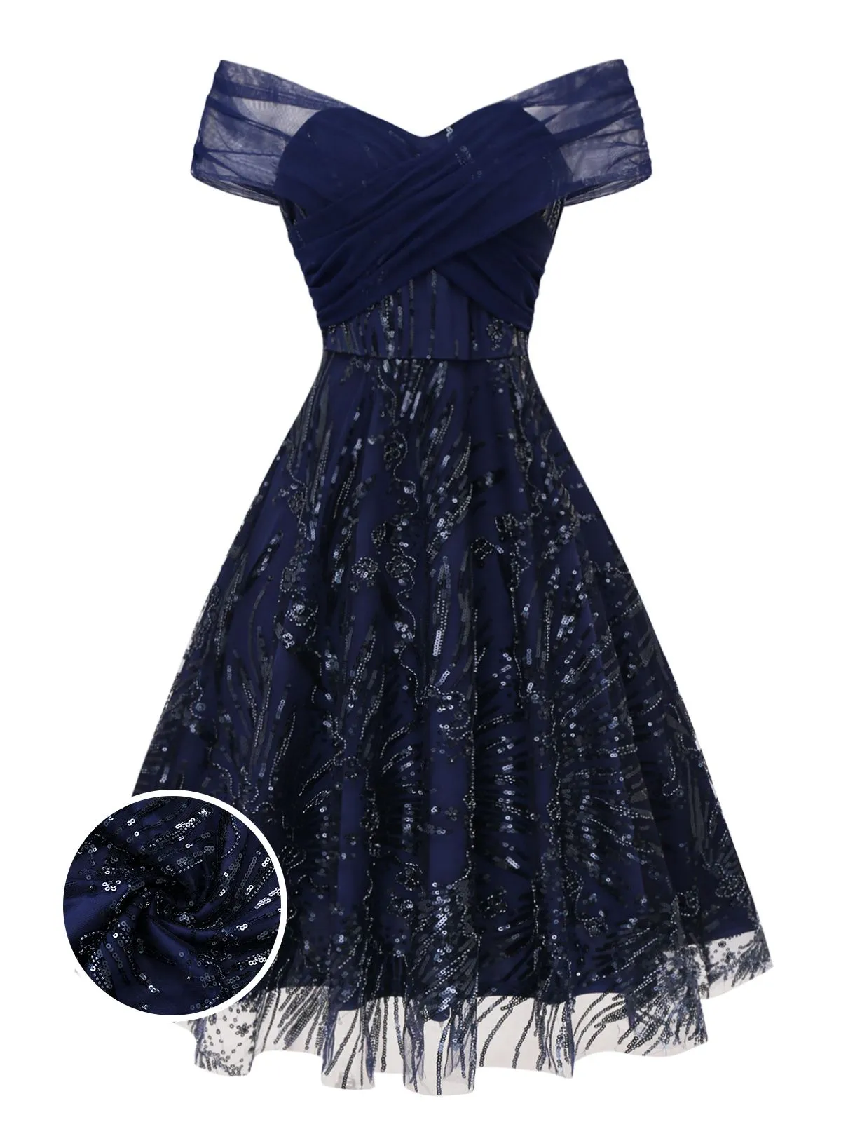 Blue 1950s Off-Shoulder Embroidered Sequin Floral Dress sold by Retro Stage