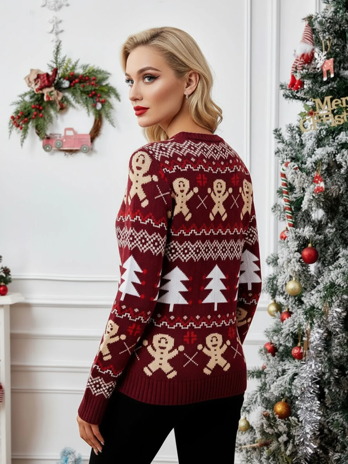 Red 1960s Christmas Tree & Gingerbread Sweater sold by Retro Stage product image thumbnail 3