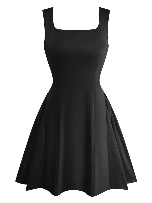 1950s Solid Square Neck Wide Strap Ruched Dress sold by Retro Stage