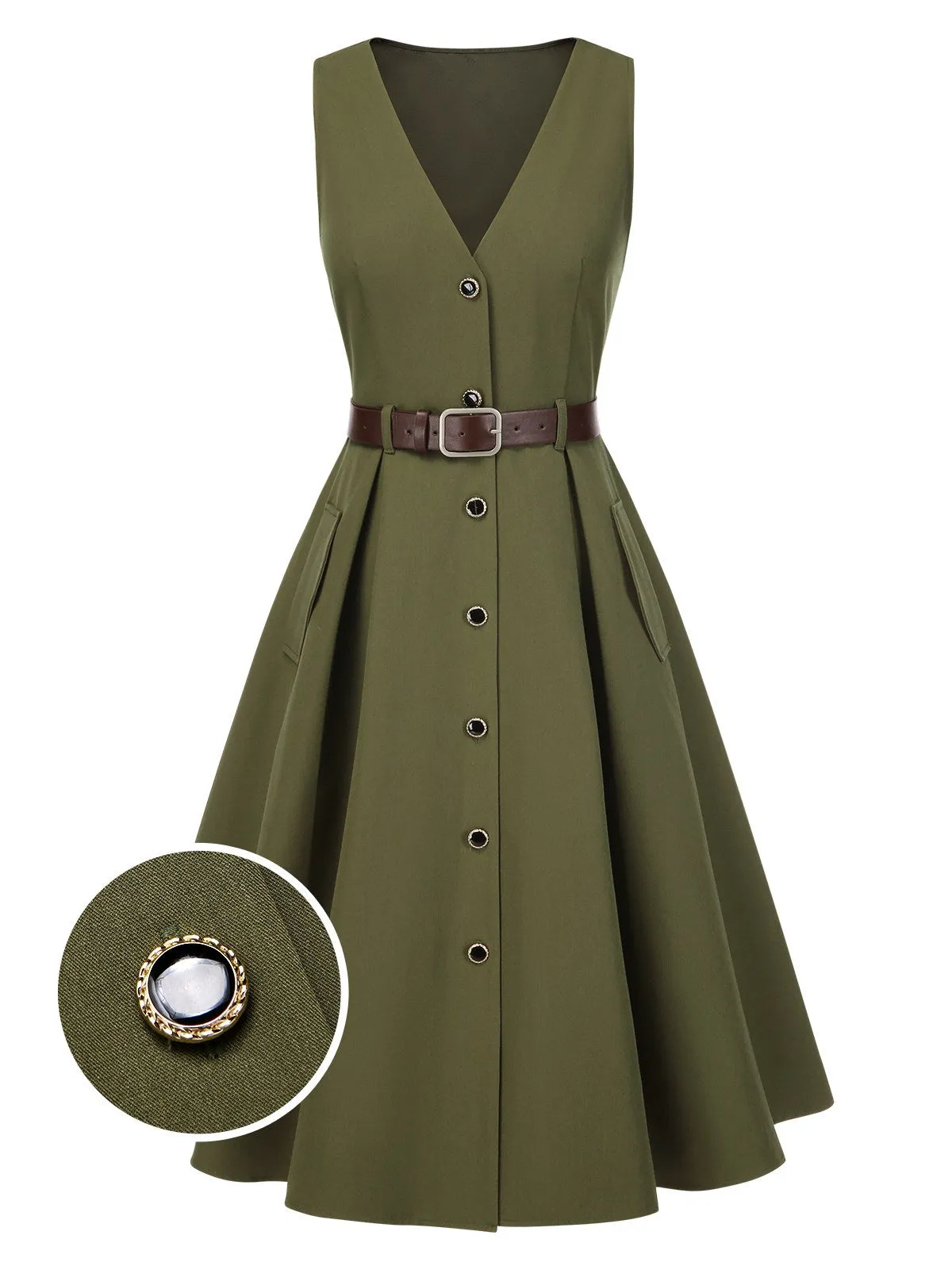 Green 1950s V-Neck Pockets Belted Vest Dress sold by Retro Stage product image thumbnail 3