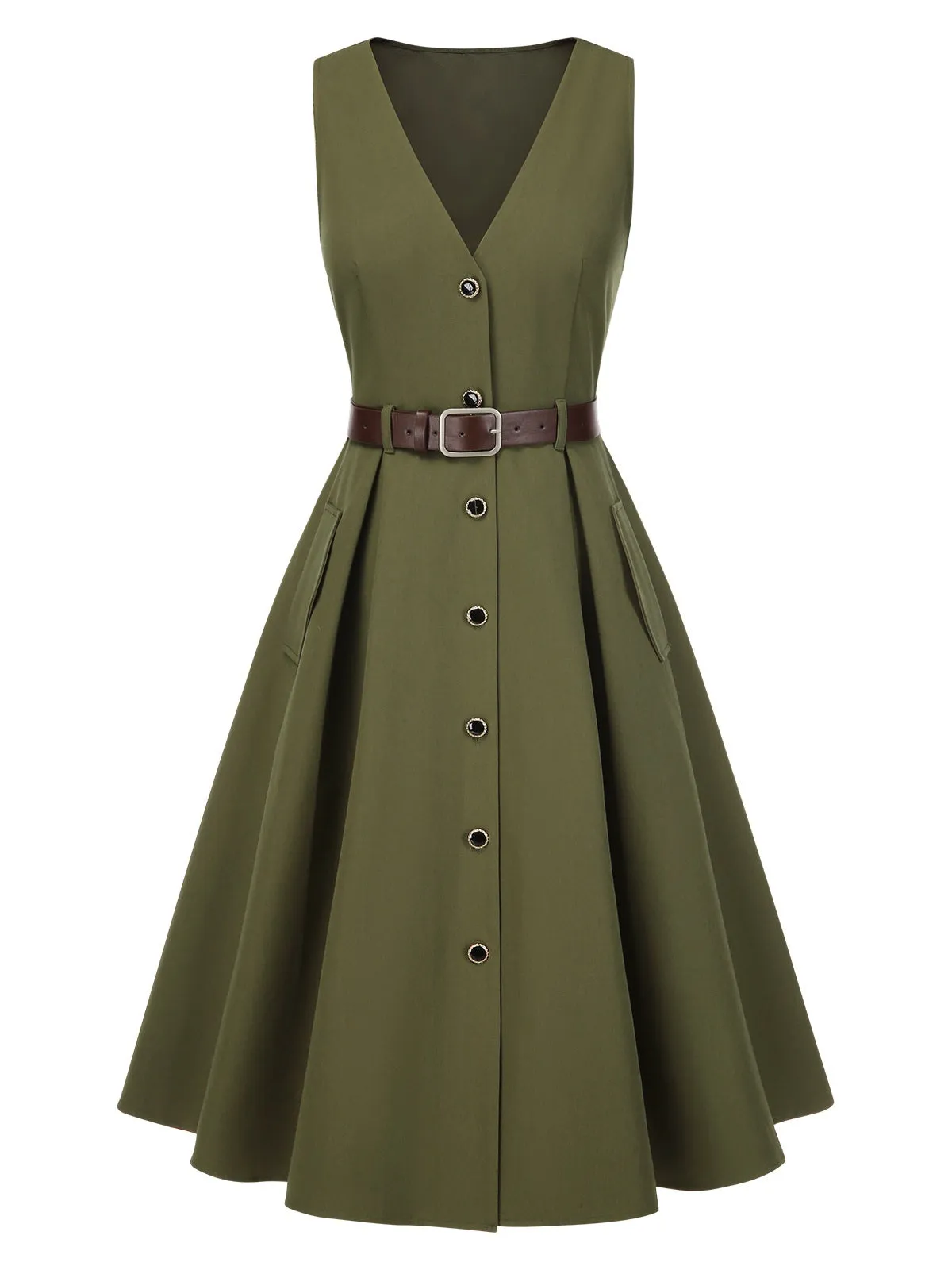 Green 1950s V-Neck Pockets Belted Vest Dress sold by Retro Stage product image thumbnail 4