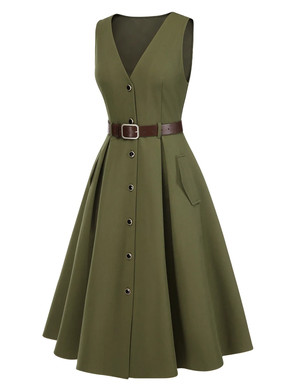 Green 1950s V-Neck Pockets Belted Vest Dress sold by Retro Stage product image thumbnail 5