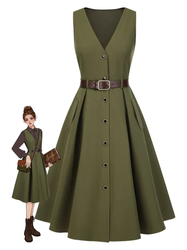 Green 1950s V-Neck Pockets Belted Vest Dress sold by Retro Stage