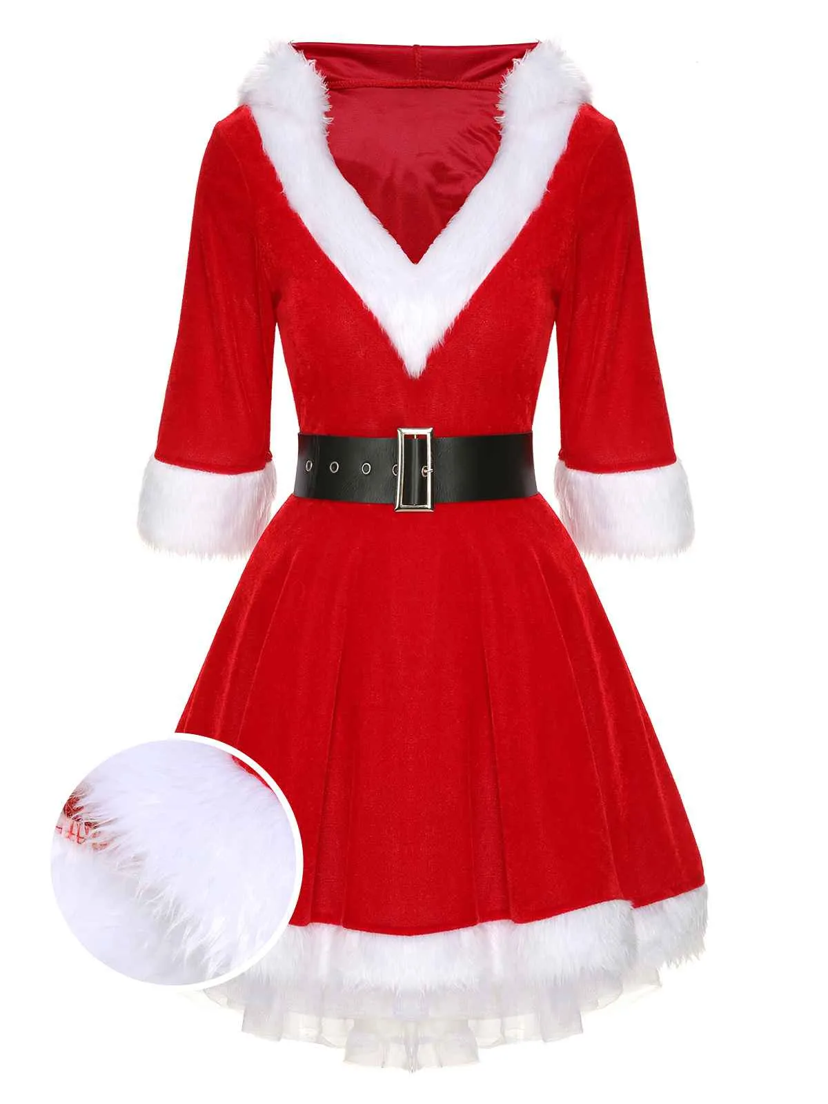 Christmas Hooded Santa Claus Raw Hem Belt Dress sold by Retro Stage