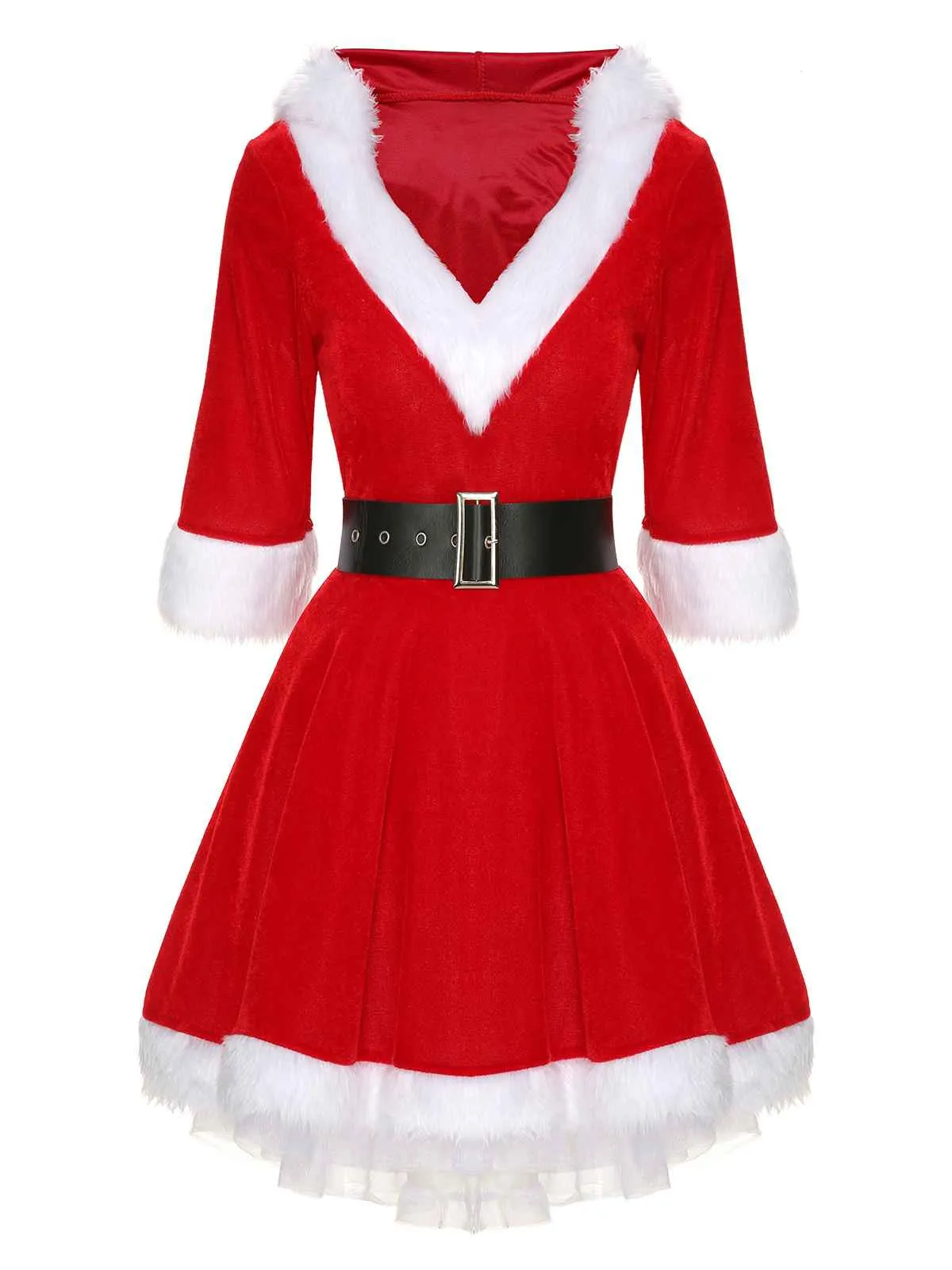 Christmas Hooded Santa Claus Raw Hem Belt Dress sold by Retro Stage product image thumbnail 2