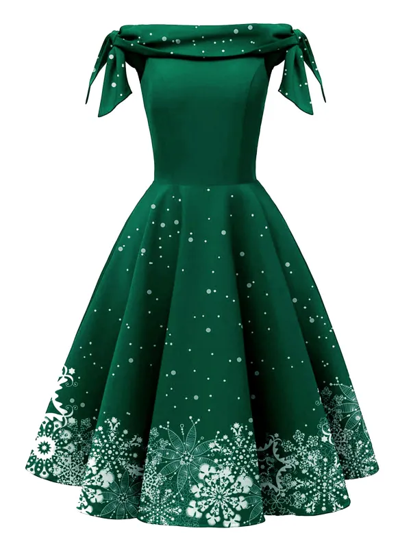 Green 1950s Christmas Snowflake Off-Shoulder Dress sold by Retro Stage