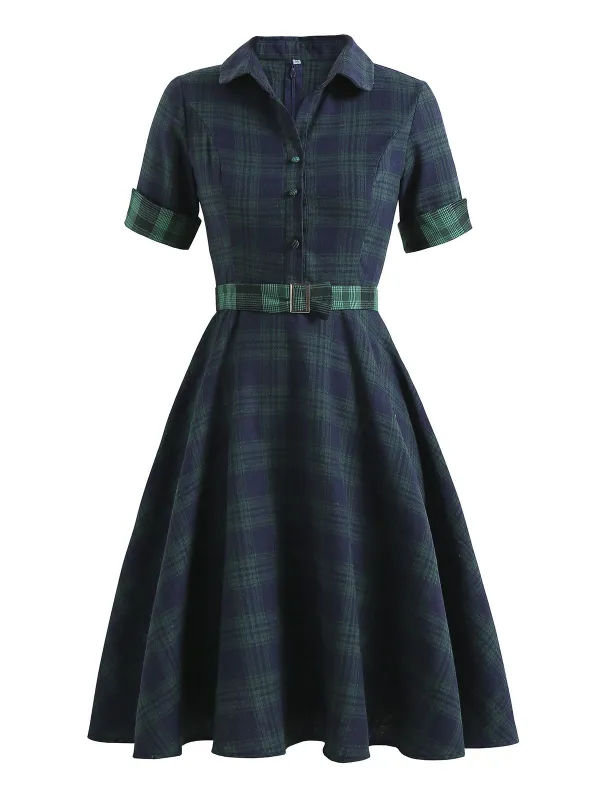 Plaids 1950s Buttoned Belted Swing Dress sold by Retro Stage