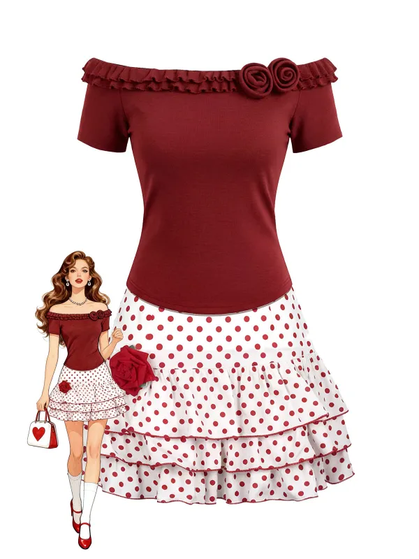 [Pre-Sale] 2PCS Red 1950s Ruffled Rose Knit Top & Polka Dot Skirt sold by Retro Stage