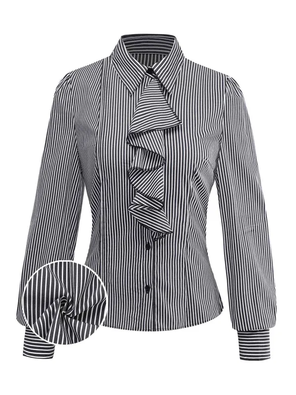 [Pre-Sale] Black 1940s Ruffled Lapel Vertical Striped Blouse made by Retro Stage