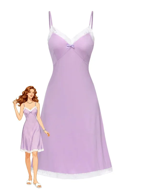 [Pre-Sale] Purple 1930s Knitted V-Neck Lace Nightgown sold by Retro Stage