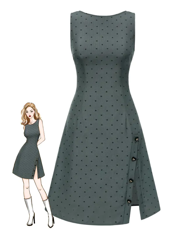 [Pre-Sale] Gray 1960s Heart Dots Sleeveless Dress sold by Retro Stage