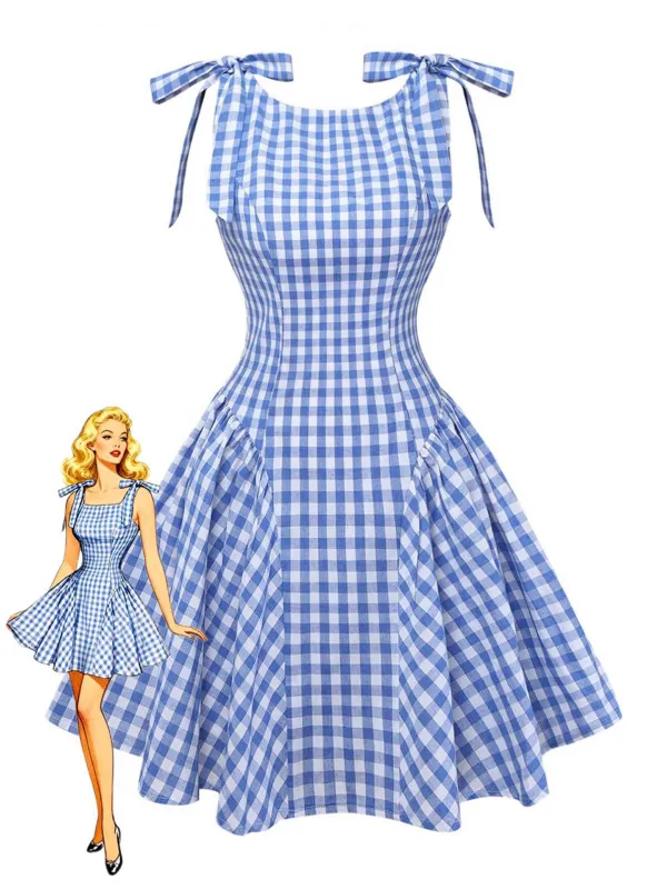 Blue 1960s Gingham Plaid Shoulder-Tie Empire Dress sold by Retro Stage