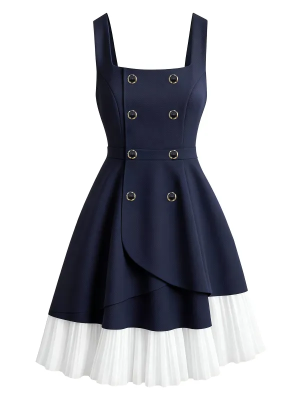 [Pre-Sale] Dark Blue 1950s Double-Breast Lace Pinafore Dress sold by Retro Stage