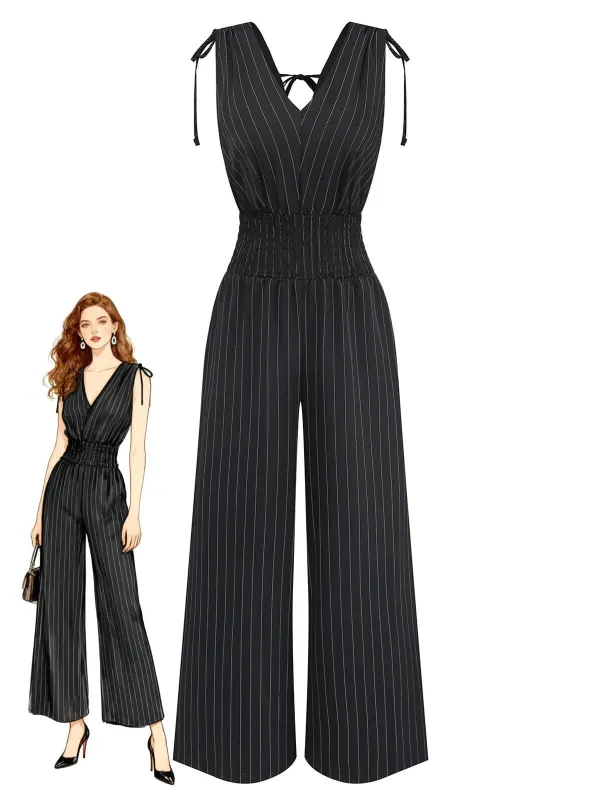 Black 1950s Striped Tie Shoulder Smocked Waist Jumpsuit sold by Retro Stage