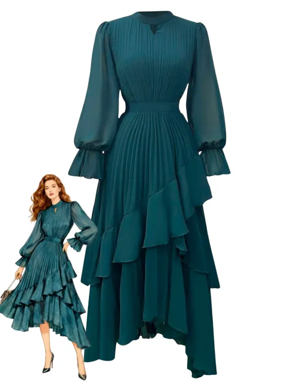 Green 1950s Solid Ruffled Hem Pleated Dress sold by Retro Stage