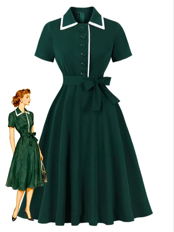 Dark Green 1950s Contrasted Lapel Swing Dress sold by Retro Stage
