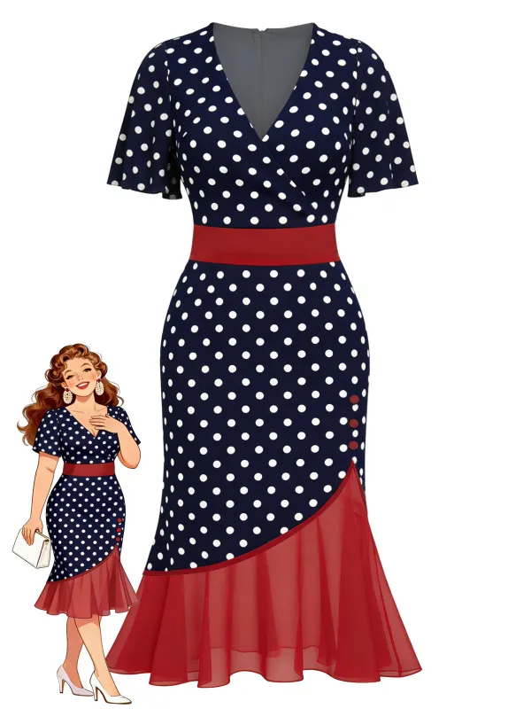 [Pre-Sale] [Plus Size] 1930s V-Neck Polka Dot Mesh Mermaid Dress sold by Retro Stage
