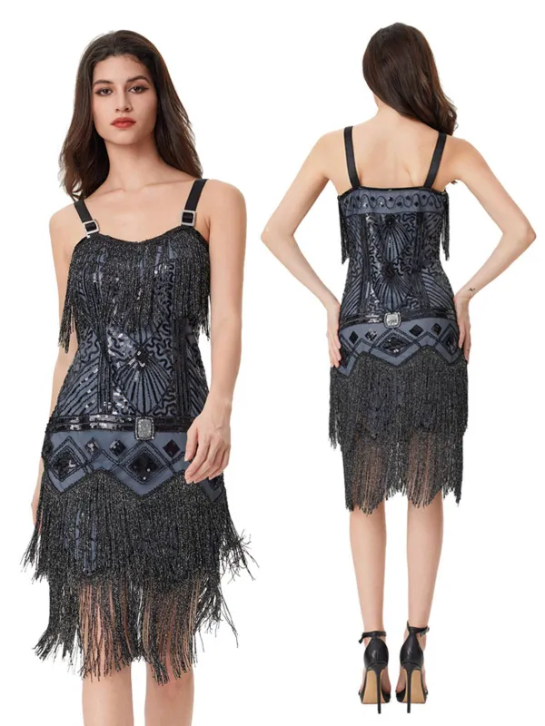 Blue Grey 1920s Sequined Tassel Ball Beaded Slip Dress sold by Retro Stage