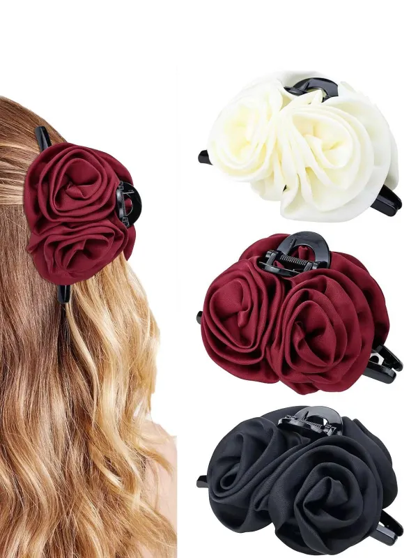 Valentine's Day 3D Floral Rose Satin Hair Claw Clip sold by Retro Stage