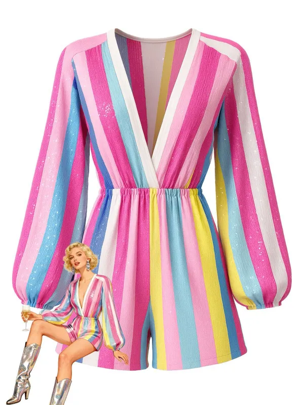 1980s Colorful Striped Sequined V-Neck Romper sold by Retro Stage