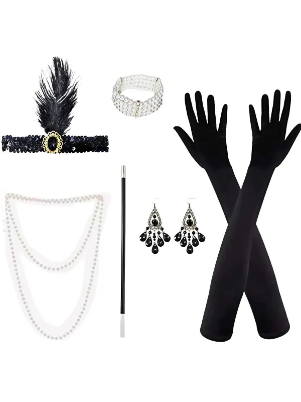 Gatsby 1920s Party Feather Headband & Pearl Necklace Set sold by Retro Stage