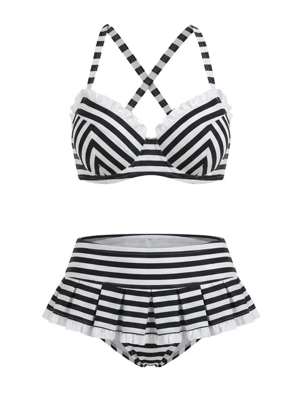 [Pre-Sale] Black & White 1960s Ruffled Strap Stripe Bikini Set sold by Retro Stage