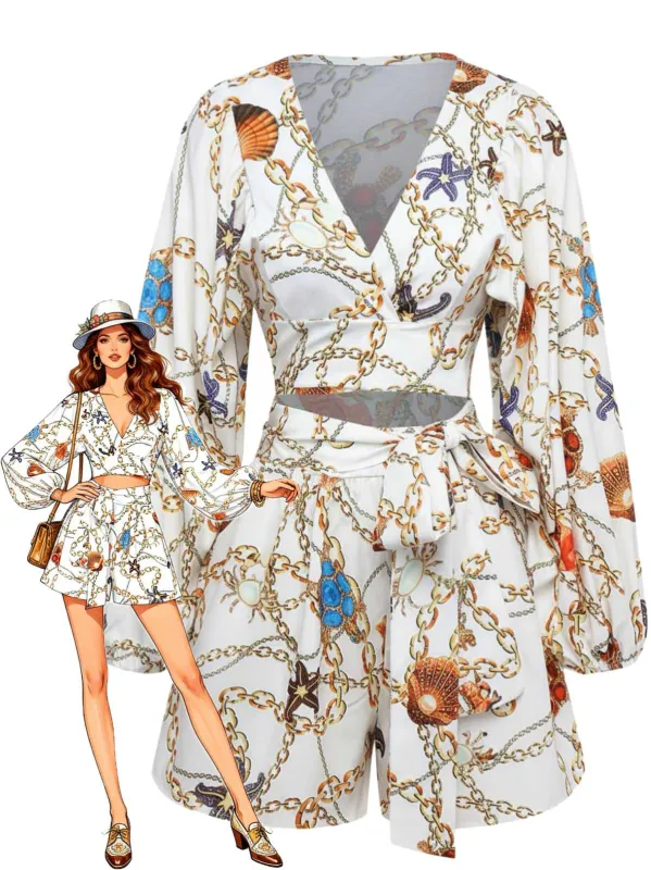 1960s V-Neck Chain Seashell Waist Cutout Romper sold by Retro Stage