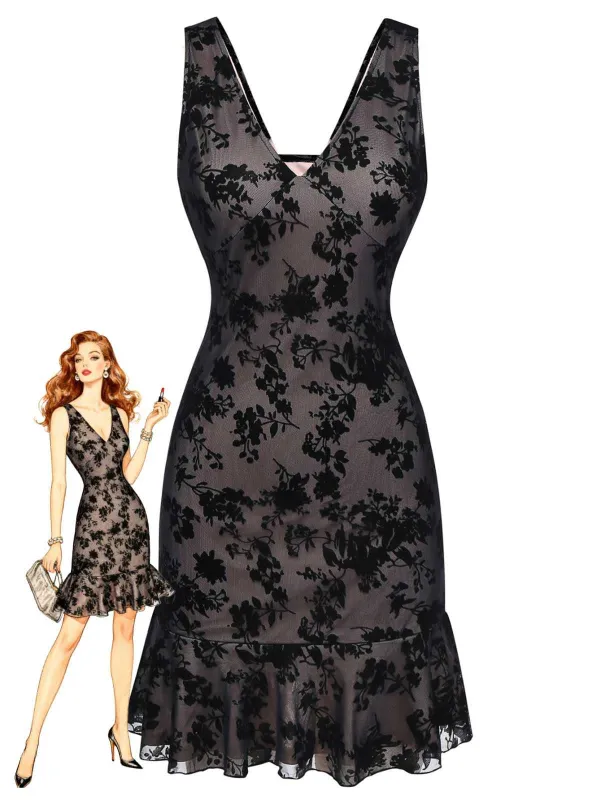 1960s V-Neck Floral Flocked Mesh Ruffle Hem Dress sold by Retro Stage