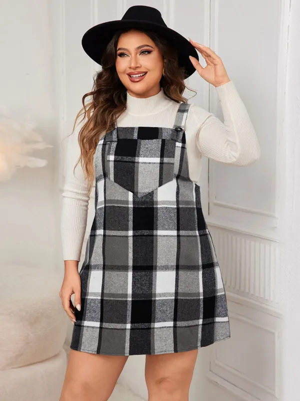 [Plus Size] 1940s Plaid Button-Strap Pinafore Dress sold by Retro Stage