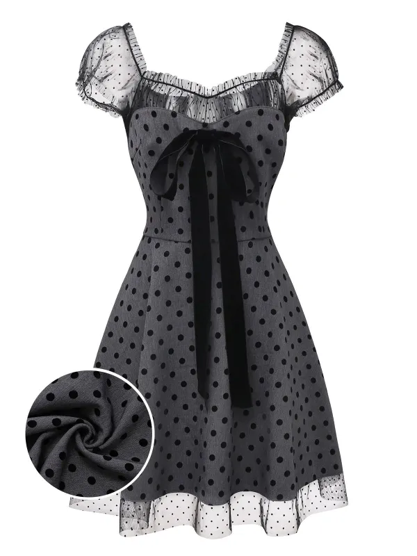 [Pre-Sale] Gray 1960s Bowknot Mesh Patchwork Polka Dot Dress sold by Retro Stage
