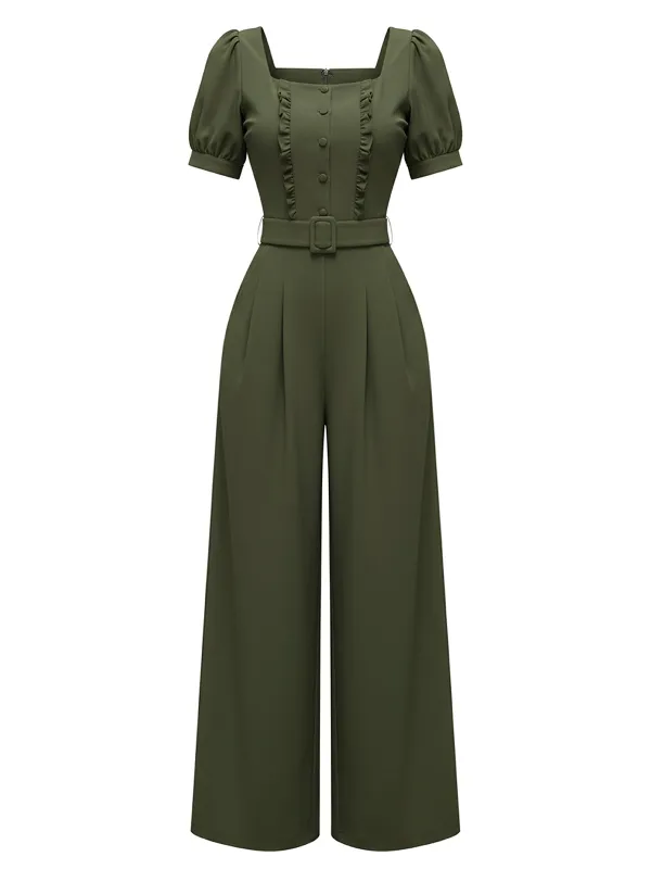 [Pre-Sale] Green 1960s Solid Ruffle Puff Sleeve Jumpsuit sold by Retro Stage