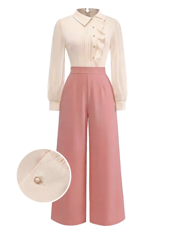 [Pre-Sale] Pink 1930s Ruffle Lapel Long Sleeve Jumpsuit sold by Retro Stage