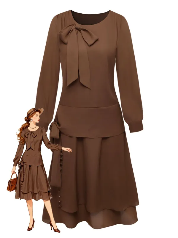 [Pre-Sale] Brown 1920s Bow Tie Belted Waist Dress sold by Retro Stage
