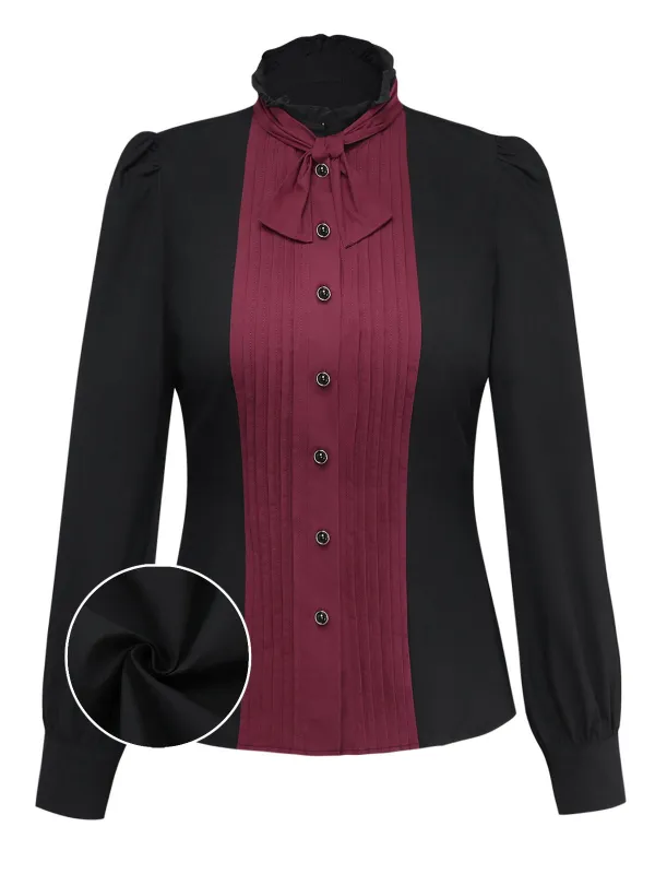 [Pre-Sale] Black 1940s Cotton Tucker Pleated Bow Blouse sold by Retro Stage