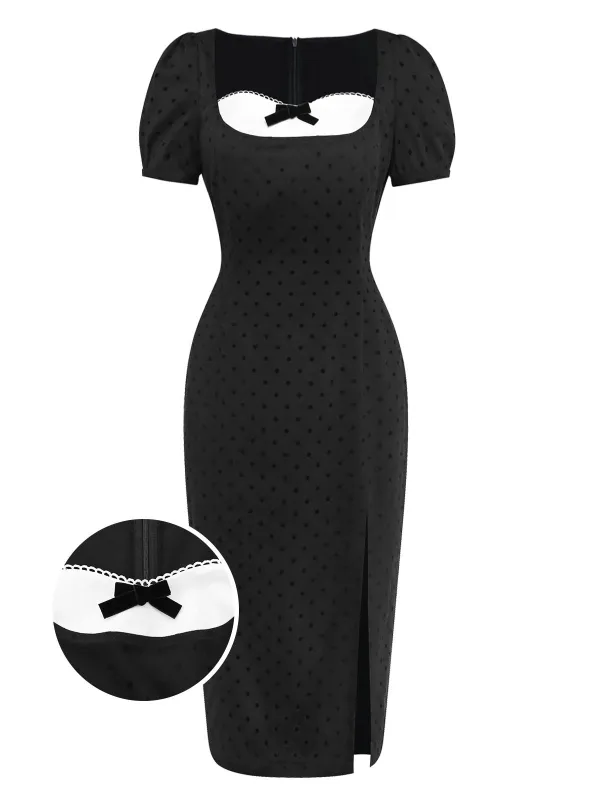 [Pre-Sale] Black 1960s Polka Dot Colorblock Bow Dress sold by Retro Stage