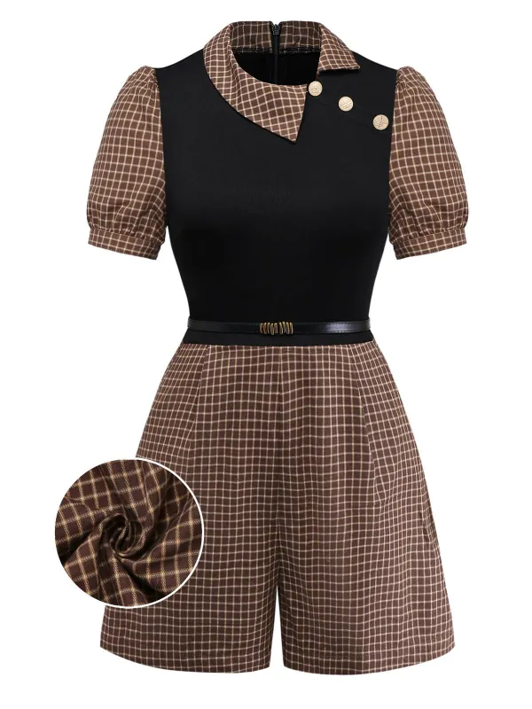 [Pre-Sale] Brown 1940s Plaid Knitted Side Lapel Belted Romper sold by Retro Stage